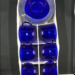 NEW Vintage VMC France set of 6 cups and saucers in box, cobalt blue glass